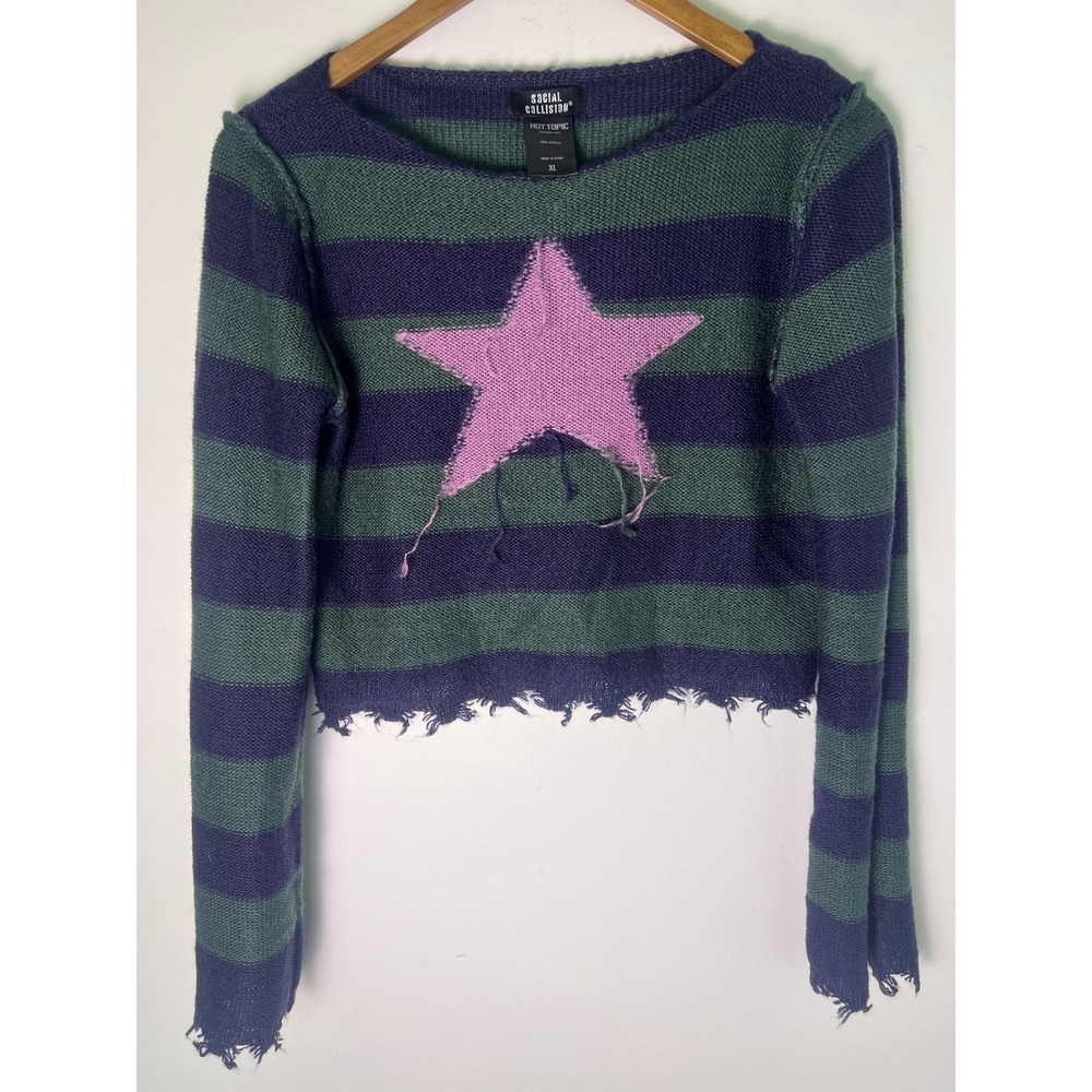 Social Collision XL Crop Sweater Grunge Punk Emo Goth Green Striped Pink Star
